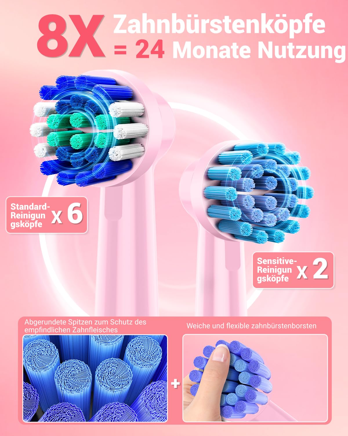 Cepillo de Dientes Eléctrico de Rotación para Blanqueador Dental - Cepillo Electrico con 8 Cabezales, Estuche de Viaje, 5 Modos, IPX7, Cepillo Dientes Electrico Viaje Recargable, Rosa Cereza