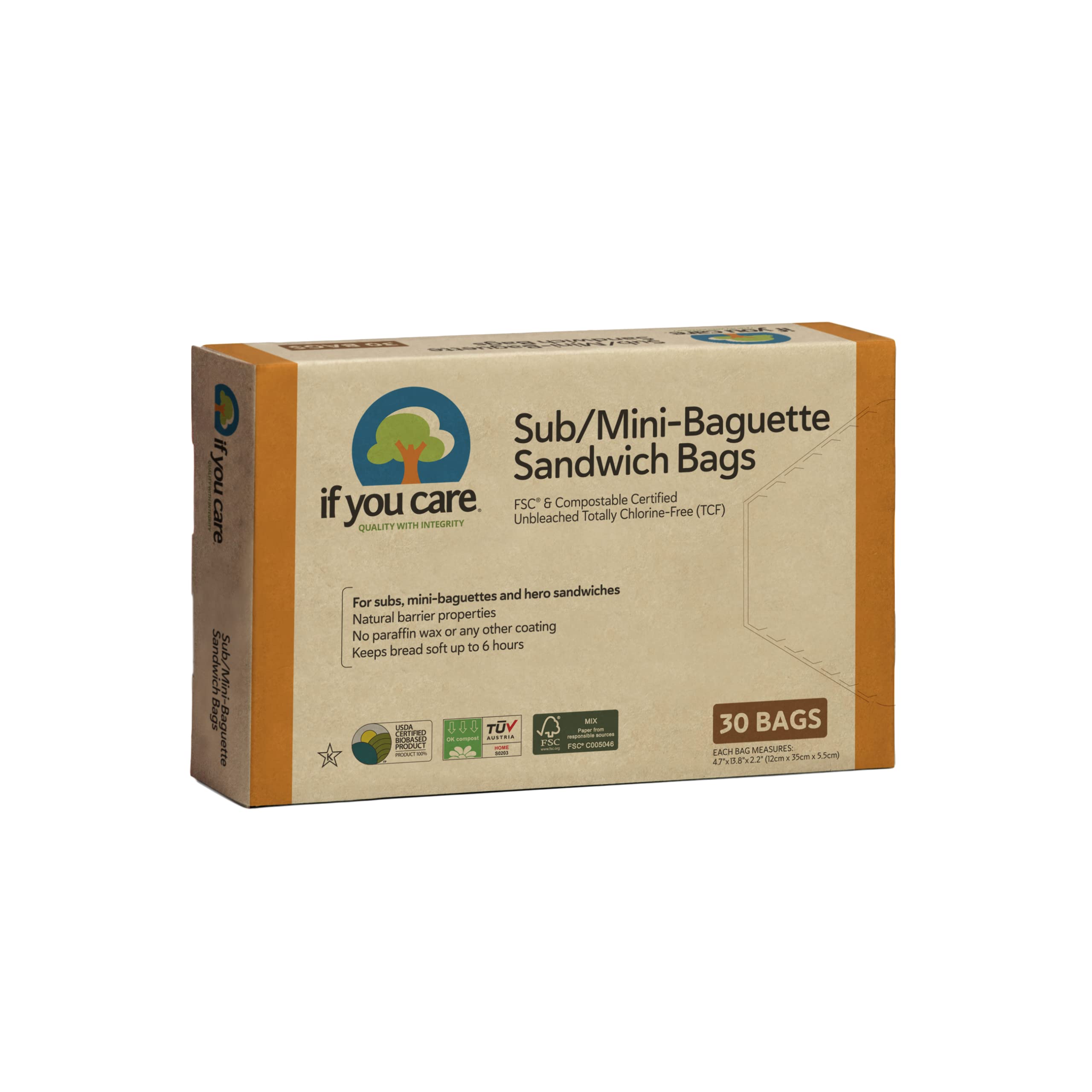 If You Care Sandwich Bags for Subs, Mini Baguettes, Hoagie â€“ 12 Pack of 30 CT Boxes - Unbleached, Chlorine Free, Greaseproof, Compostable, Biodegradable, Large Paper Baggies