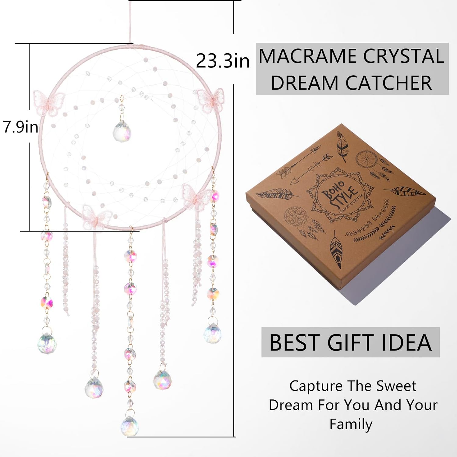 Artilady Butterfly Dream Catcher for Girls Pink, Large Crystal Suncatcher | Boho Crystal Prism Sun Catcher, Fairy Moon Wall Decor for Bedroom Living Room Nursery, Rainbow Maker, Teen Girls Boys Gift