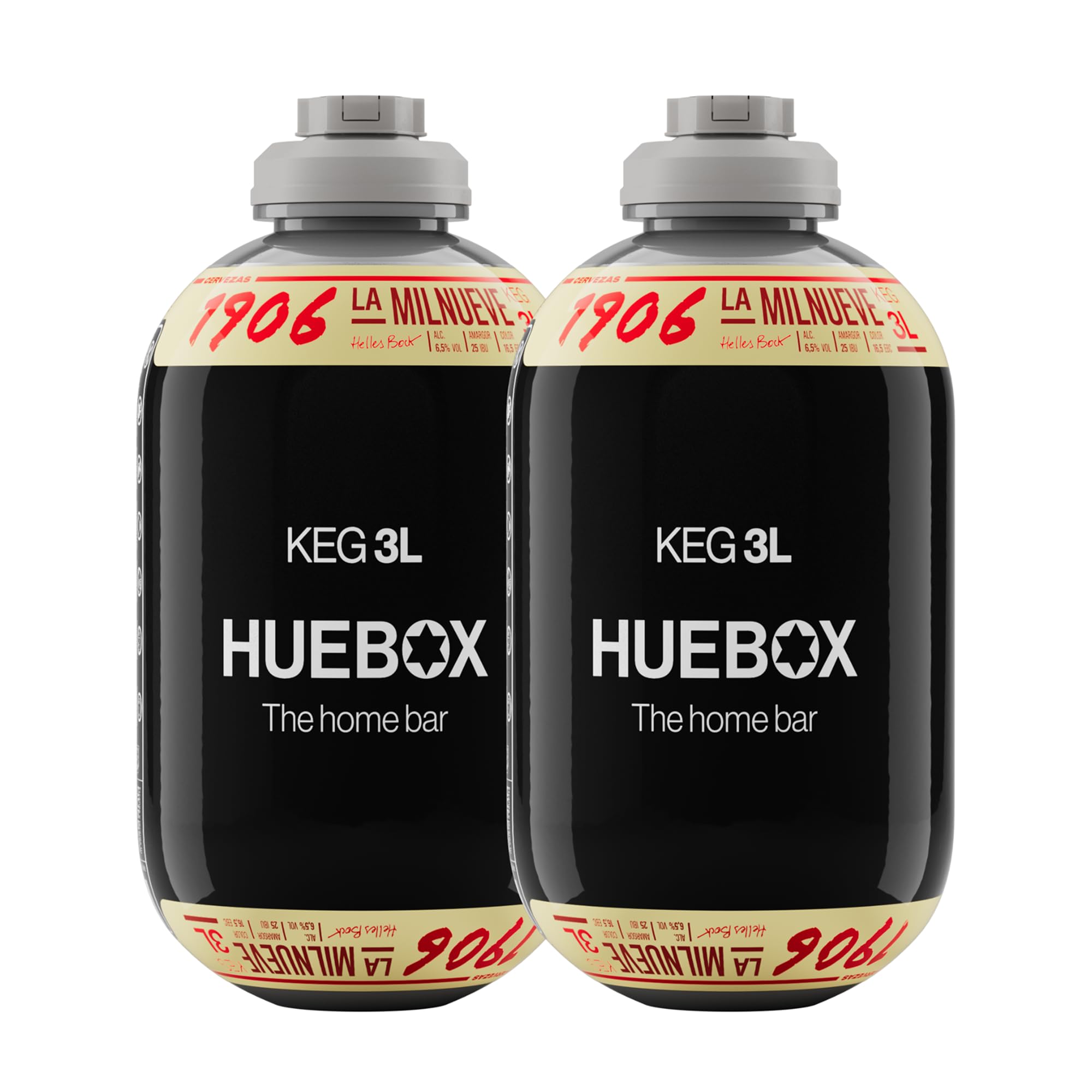 1906 Reserva Especial – Pack 2 Barriles de 3L para Tirador HUEBOX, Cerveza Extra La Milnueve 6,5% Vol, Compatibles Solo con HUEBOX, Incluye 1 Cánula Desechable – 6 L
