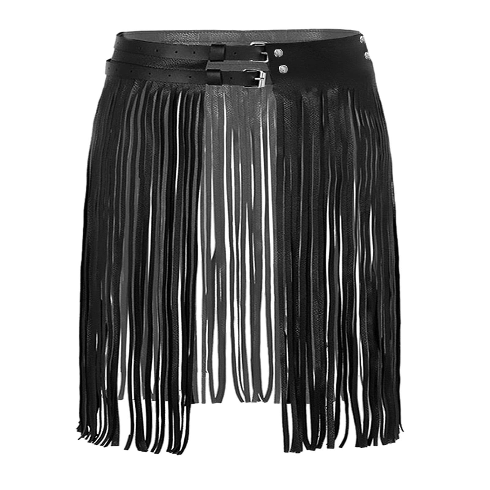 wangjiangdaWomen's Tassel Fringe Belt Skirt Rave Outfit with Fringe,  Black PU Leather Short Skirt for Club, Festival, Dancing Costume, Gothic