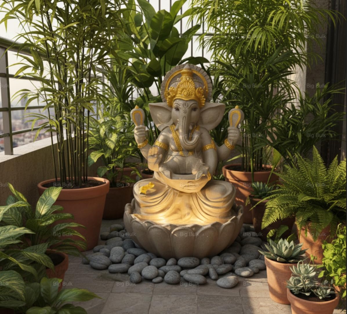 Kamal/Lotus Ganesh Gannpati Fiber Indoor Outdoor Fountain with Led Lights for Home Decor and Office Decoration Or Gifting (Lotus Ganesh Beige)