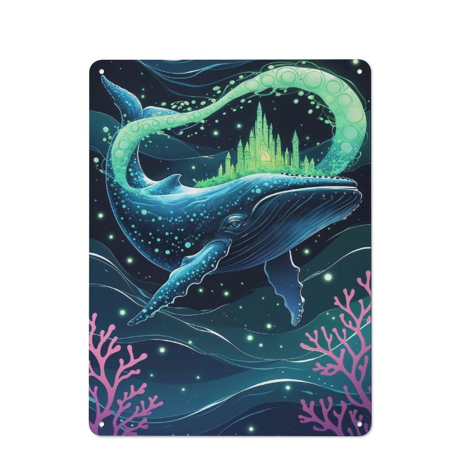 Junmoney Whale With Castle Fantasy Art Tin Wall Plaque 40X30cm With For Workshop Wall, Suited To Makers And Diy Enthusiasts