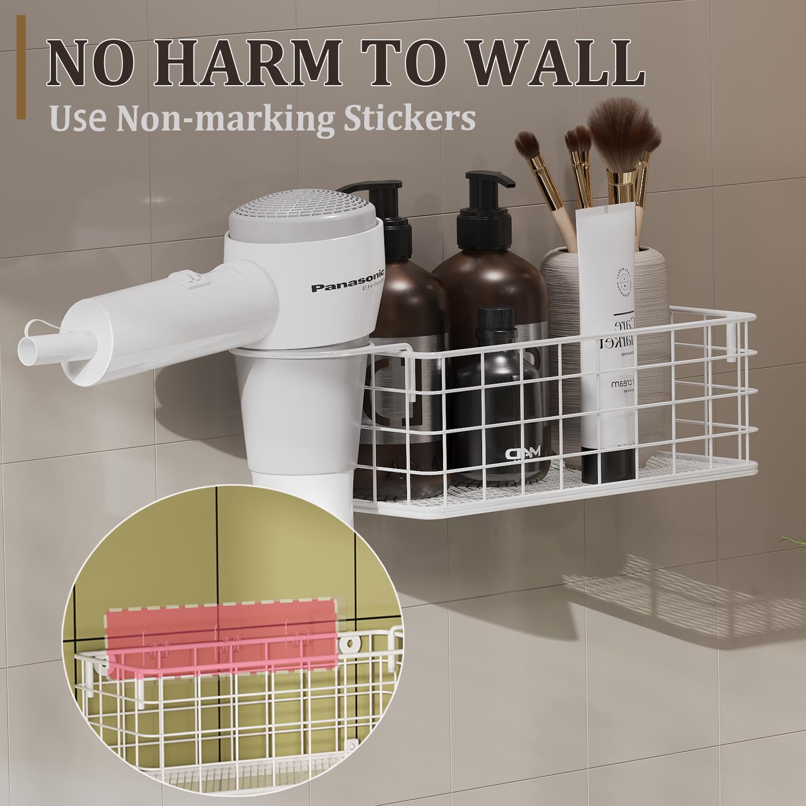 Soporte para secador de pelo montado en la pared, organizador de herramientas de peinado, cesta de alambre de almacenamiento de 4 estantes con gancho, estante seguro para alisadores de cabello