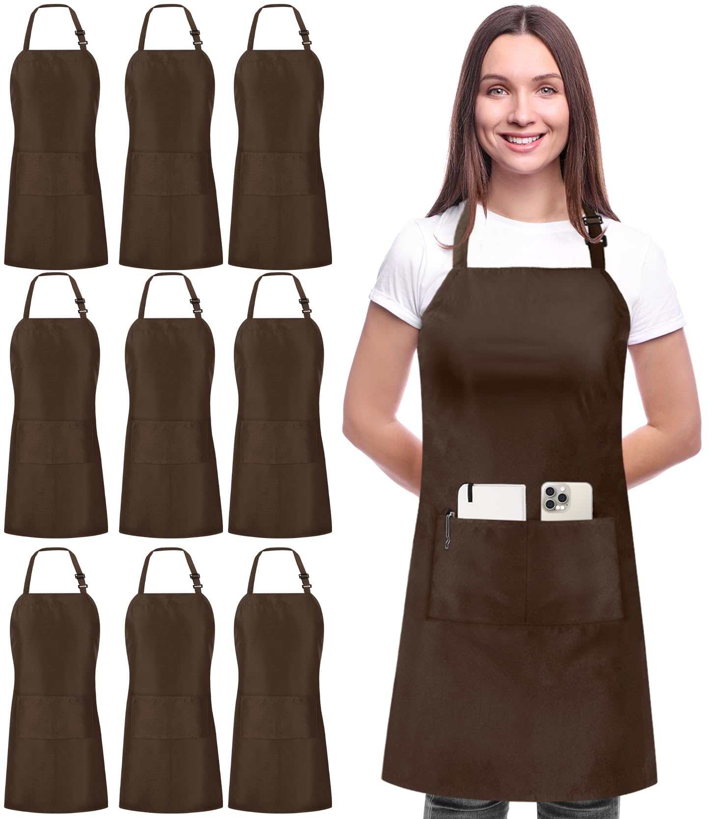 Utopia Kitchen 10 Pack Bib Apron, Unisex Adjustable Aprons with 2 Pockets, Waterdrop Resistant Cooking Kitchen Chef Apron for Men Women