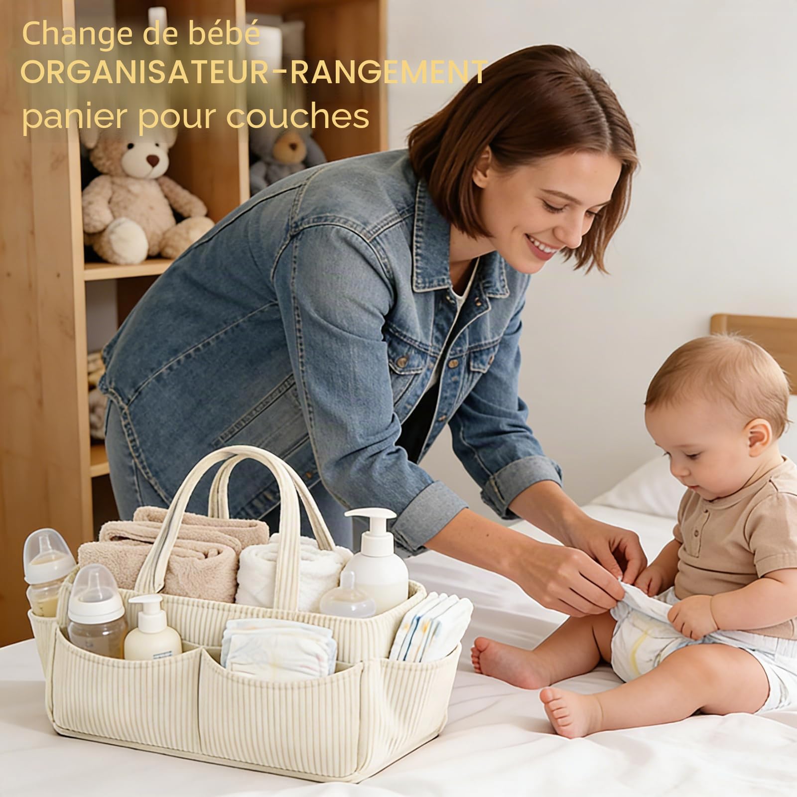 Panier à langer en velours côtelé pour table à langer, organiseur de couches pour bébé avec compartiments interchangeables, panier de rangement élégant pour chambre d'enfant (Blanc cassé)