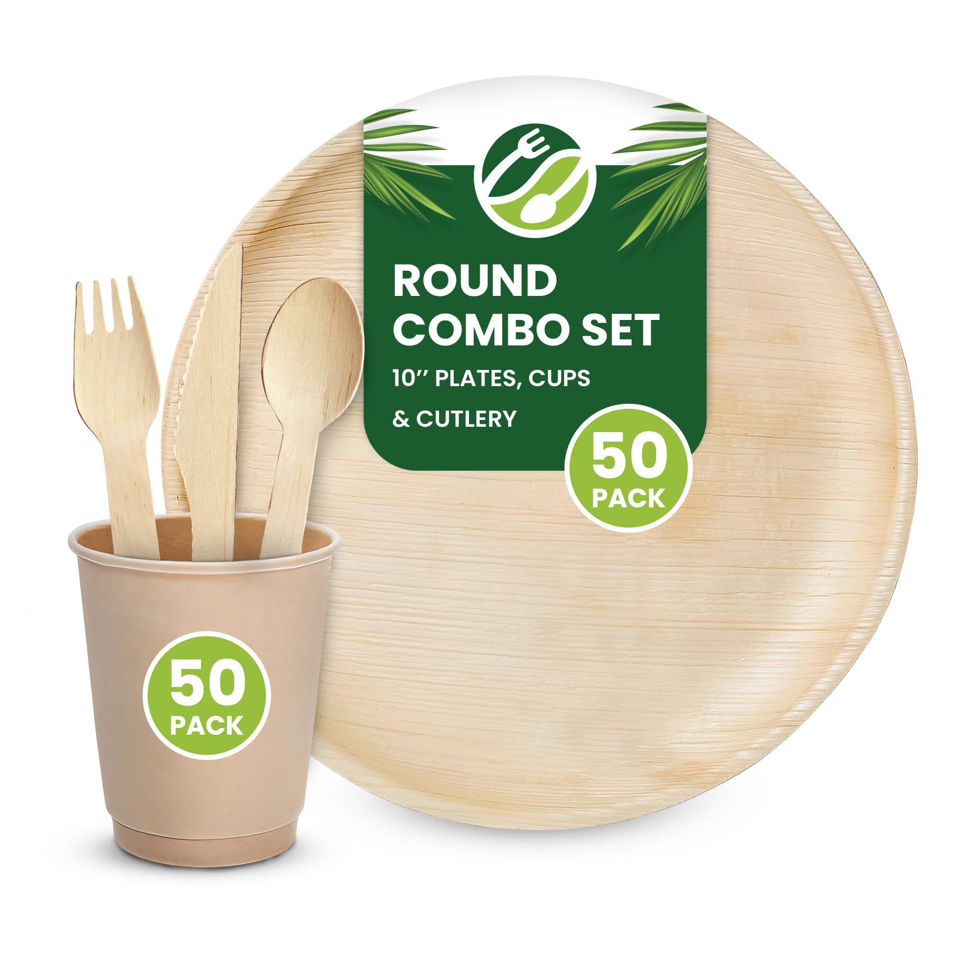 Eco Leaf 250pcs Disposable Palm Leaf Plates, Cups, and Wooden Cutlery Set – 50 Round Plates, 50 Cups, 50 Forks, Knives, and Spoons – Eco-Friendly, Biodegradable, Perfect for Parties, Events