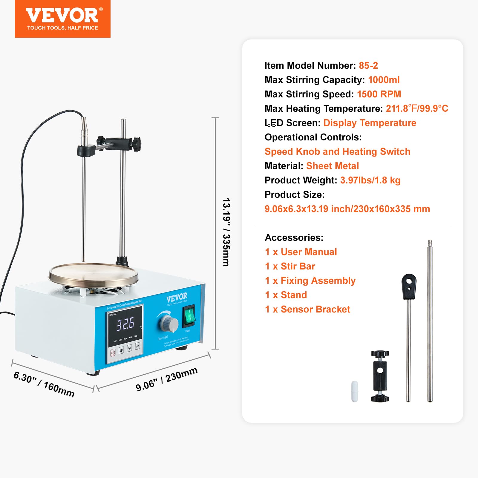 VEVOR Agitatore Magnetico con Piastra Riscaldante, Kit di Agitazione da 1000 ml con Manopola di Velocità Regolabile, Piastra di Agitazione con Potenza Riscaldante 1500 RPM 250 W Max 99,9 °C Bianco