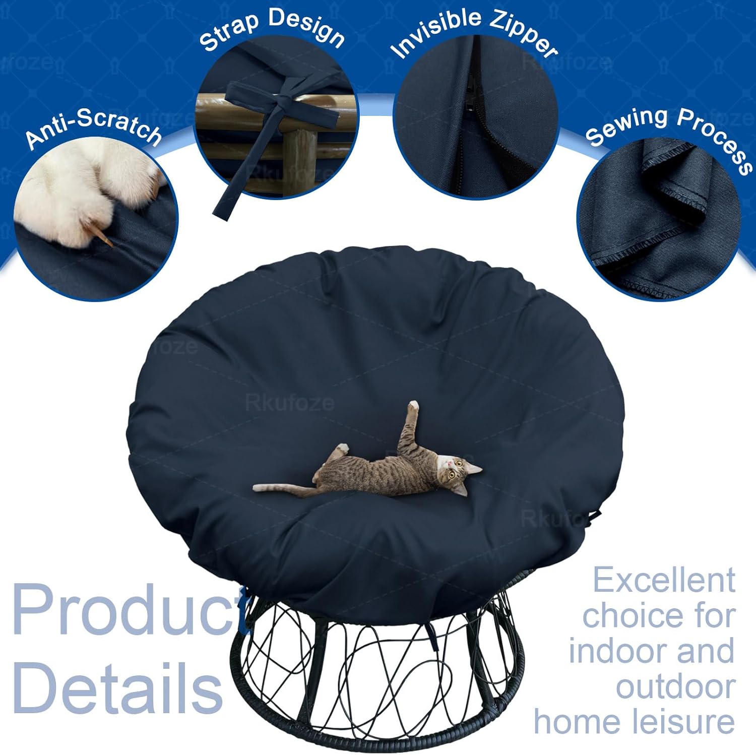 Papasan Chair Cover Only, 55-Inch Waterproof Papasan Chair Covers, Papasan Chair Cover with Zipper and Straps, Washable Papasan Covers (Navy, 55in/140cm)