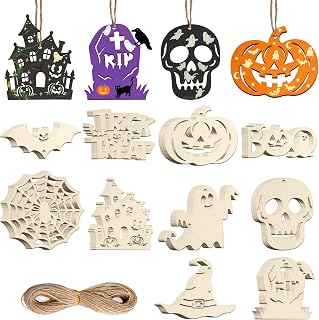 80PCS Wooden Halloween Ornaments Painting 10 Styles Skeleton Pumpkin Ghost Bat Trick or Treat Fall Decor DIY Blank Unfinished Wood Cutouts Ornament for Home Crafts Hanging Decorations (Halloween)