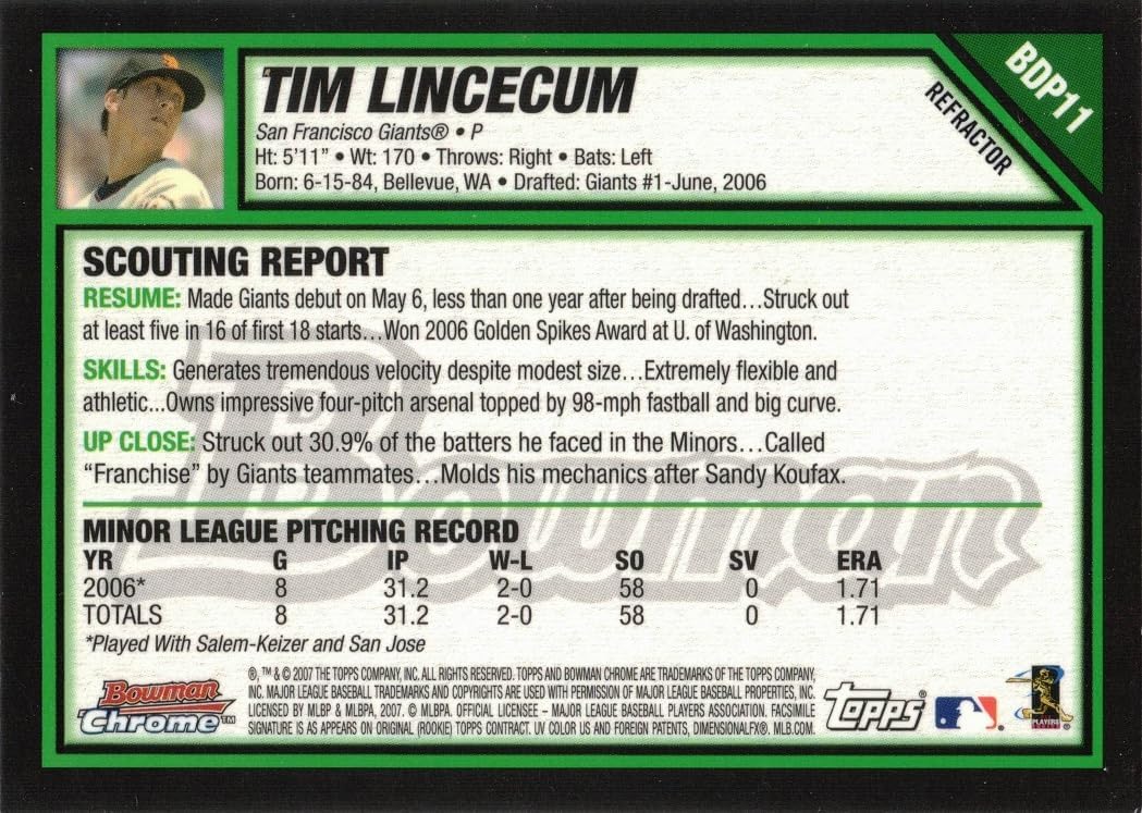 2007 Bowman Chrome Draft Picks Refractor Baseball #BDP11 Tim Lincecum Rookie Card
