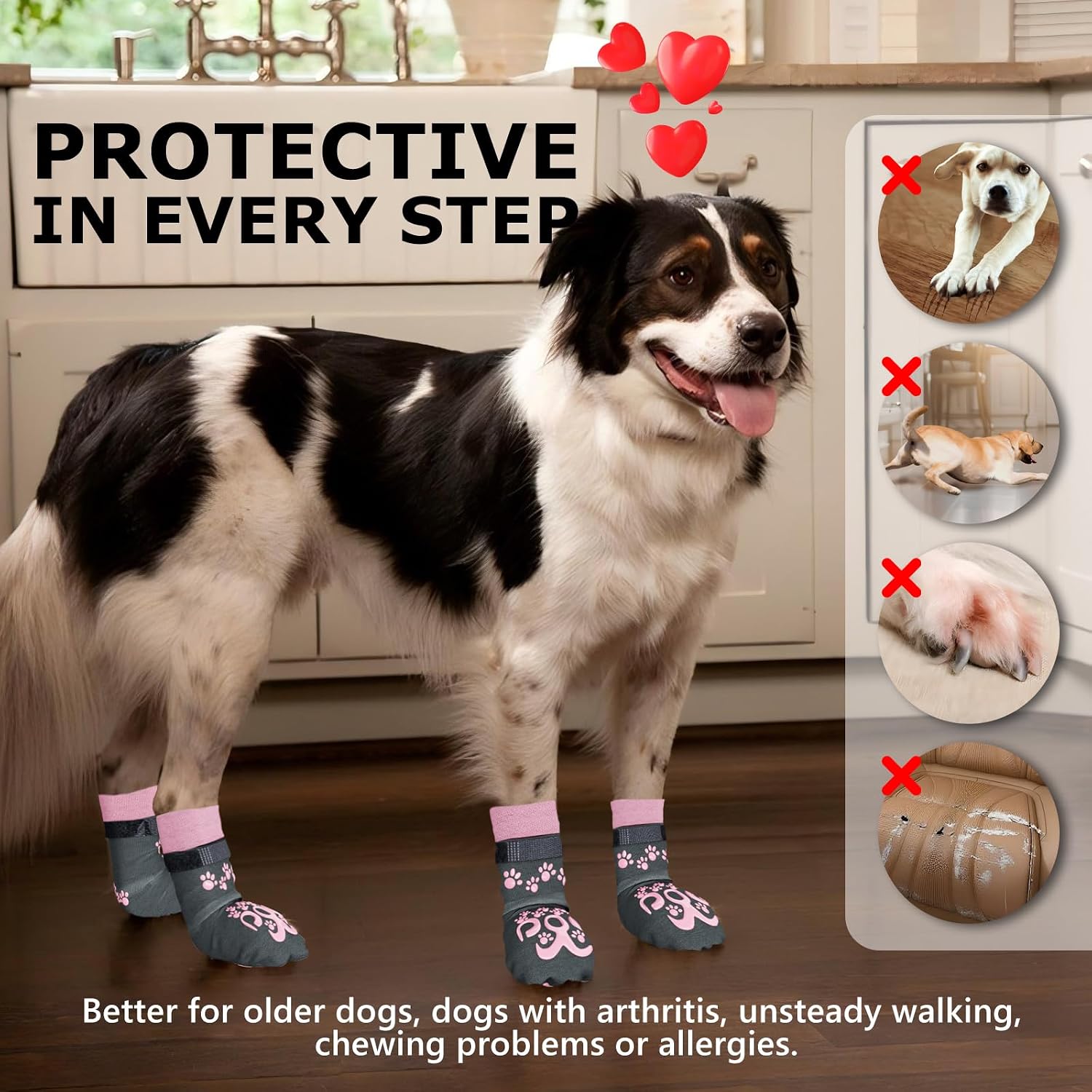 Dog Booties for Hardwood Floors - Double Side Dog Socks with Grippers, Anti Slip Dogs Socks, No Twist Paw Protectors for Dogs Hot Pavement, Dark Grey and Pink, S