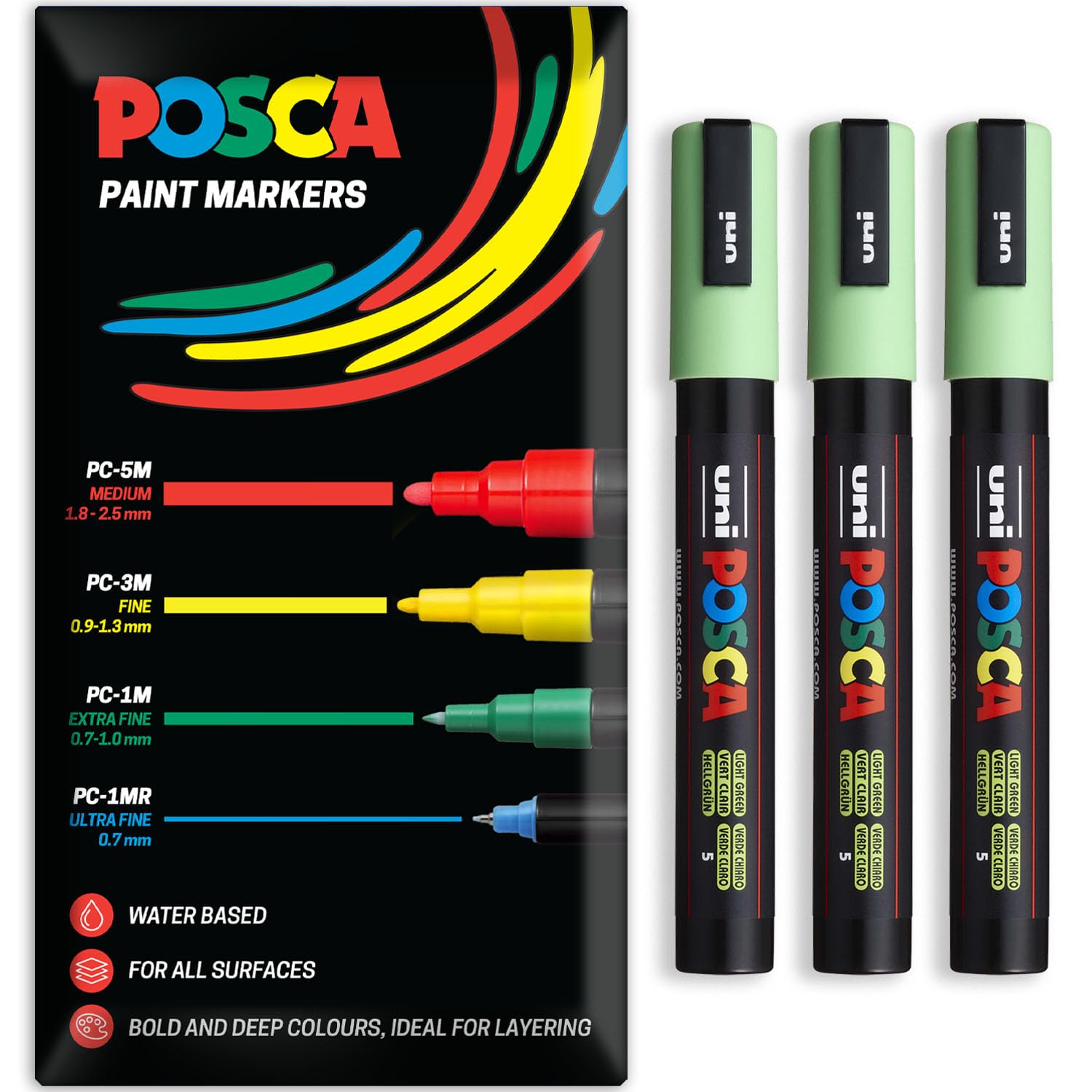 Posca Water Based Acrylic Paint Marker Pens | Multi Surface Use Permanent Paint Pen | Pack of 3 Pens in Envelope Gift Packaging | Glass, Fabric, Canvas, Wood etc | PC-5M, Light Green