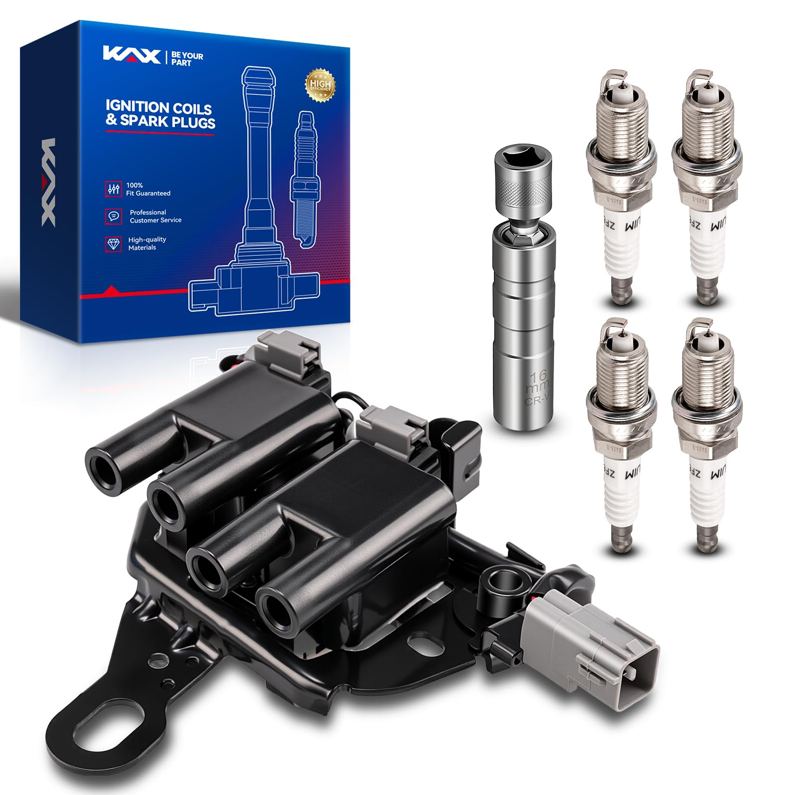 KAX Ignition Coil &amp; 4 Spark Plugs Set for Elantra 2007-10, 2011-12 2.0L