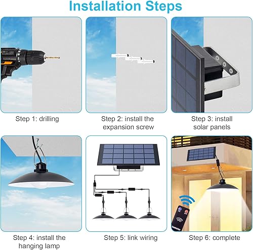 Miniatura 5 de Yrbxsky Luces solares para interiores y exteriores con 3 cabezales y control remoto. Luz colgante de energía solar IP65 impermeable colgante