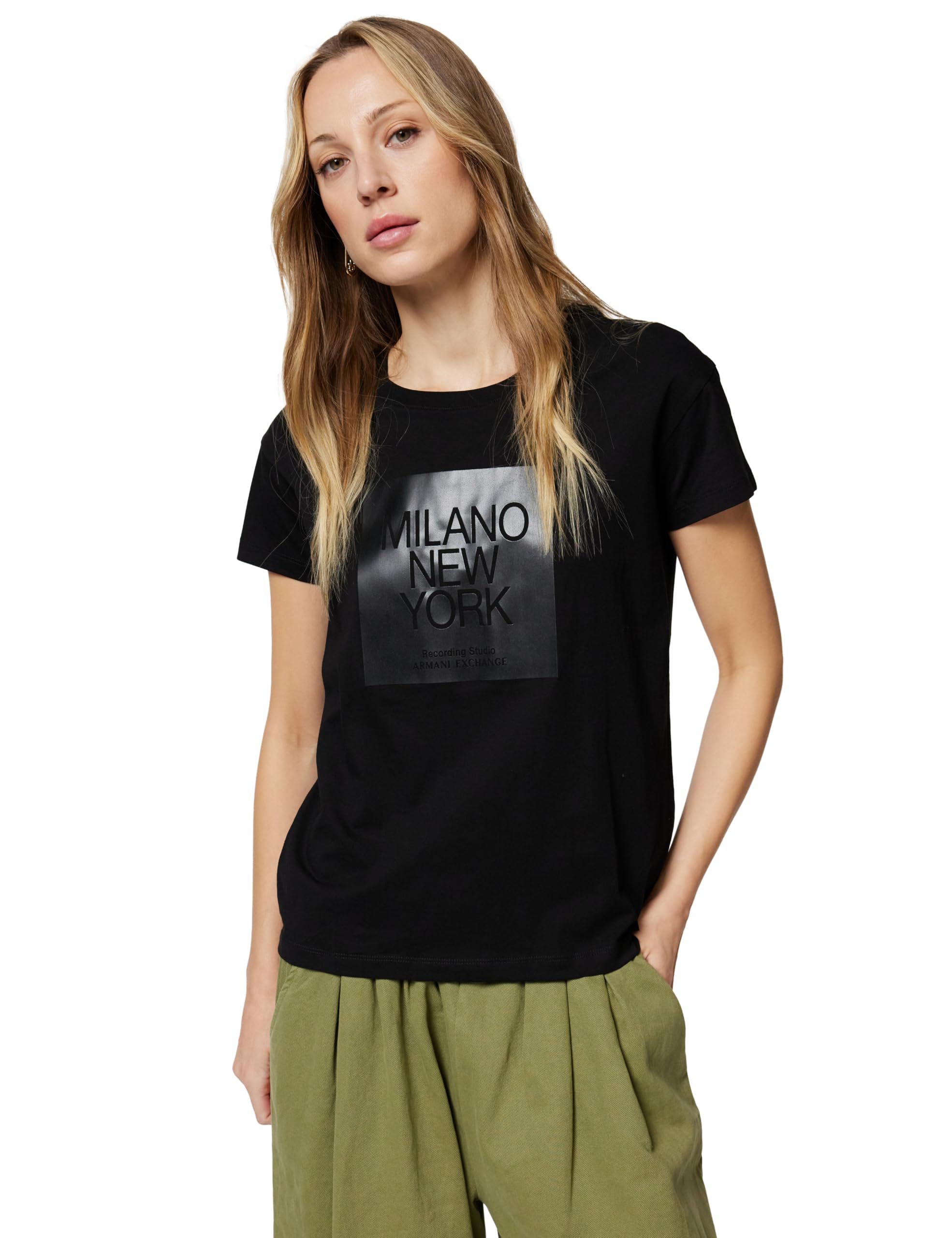 Armani Exchange Camiseta de Manga Corta para Mujer con Estampado Frontal, Negro, XXL