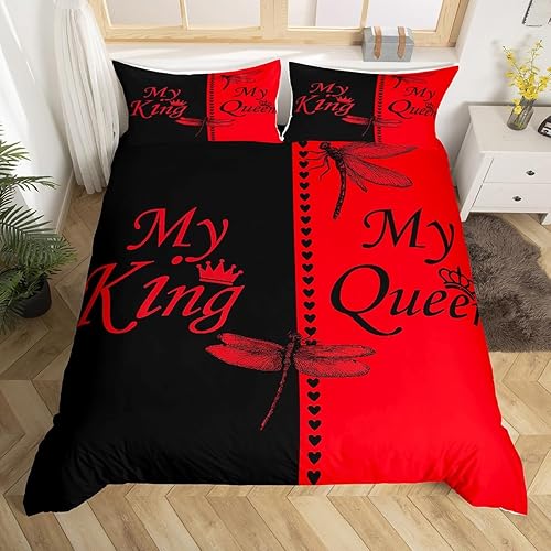 Miniatura 23 de Erosebridal Juego de funda de edredón para parejas, color rojo y negro, tamaño Queen, Queen of Everything King of What Left Funda de edredón