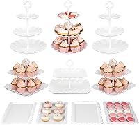 NWK 10-Pack White Cake Stand Set: 6 Tiered Cupcake Stands (3 Two-Tier, 3 Three-Tier) + 4 Appetizer Trays for Parties, Showers & Buffets