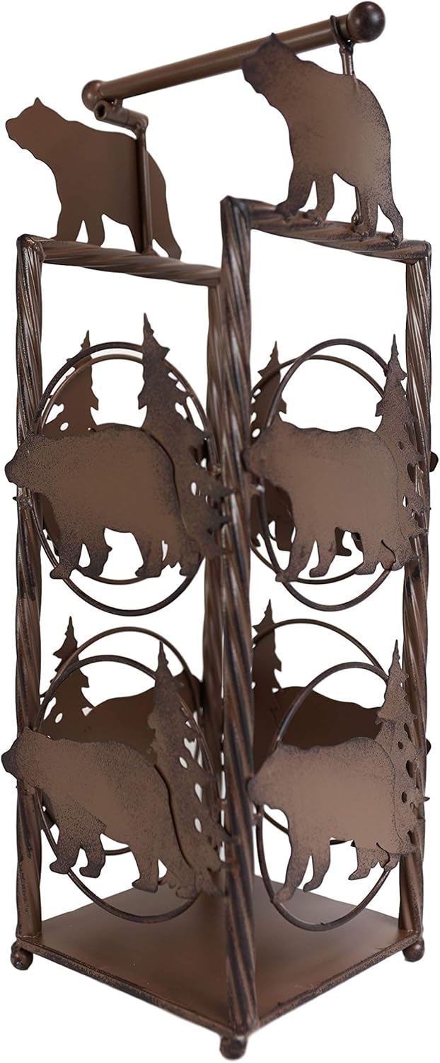 Ebros Cast Iron Metal Western Rustic Vintage Themed Toilet Paper Holder Stand Station with Storage for Bathroom Powder Room Old World Cowboy Decorative Accent (Black Bear with Pine Trees)