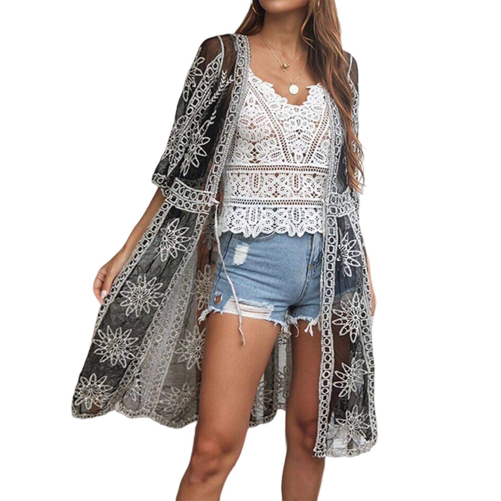 Kimono de playa para mujer, con frente abierto, diseño de flores, traje de baño suelto
