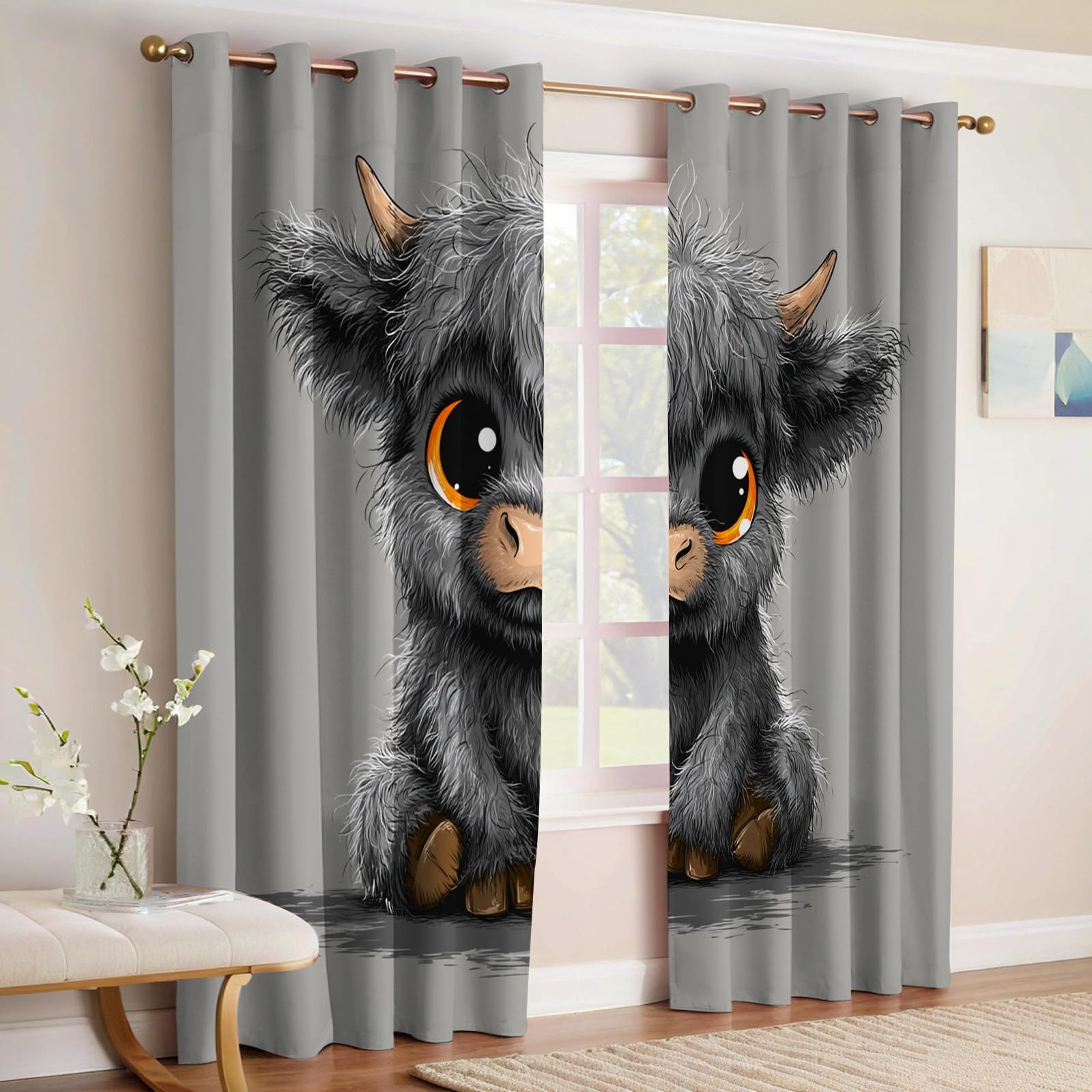 Grau Verdunkelungsvorhänge Blickdicht Thermovorhänge Karikatur, Hochlandrind mit Ösen, Wärmeschutz Energiespar Gardinen für Kinderzimmer Wohnzimmer, 2er Set H229 x B117 cm