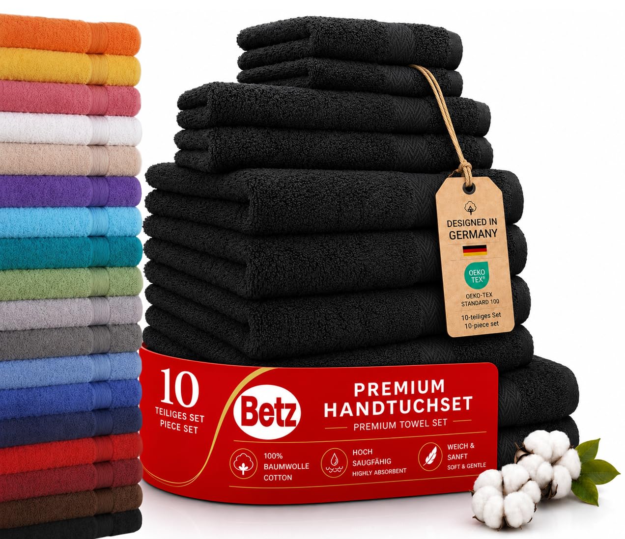 Betz Juego de 10 Toallas Classic 100% algodón 2 Toallas de baño 4 Toallas de Lavabo 2 Toallas de tocador 2 Toallas faciales Negro