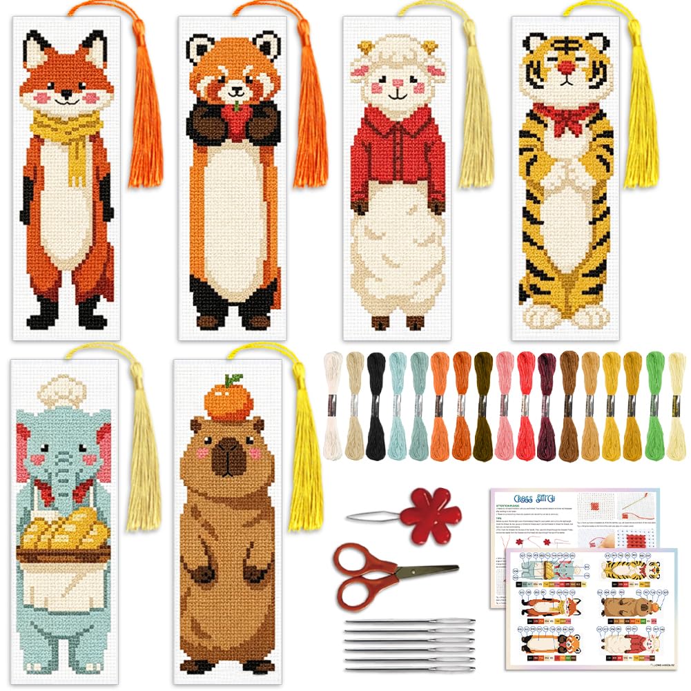 ACRNIGHEET 6PCS Cross Stitch Bookmark Kit for Beginner Stamped Cross Stitch Kits for Adults Cute Animals DIY Tassel Embroidery Bookmark Kits Needlepoint Kit with Instructions Craft Gift 8.5''x3'' 11CT