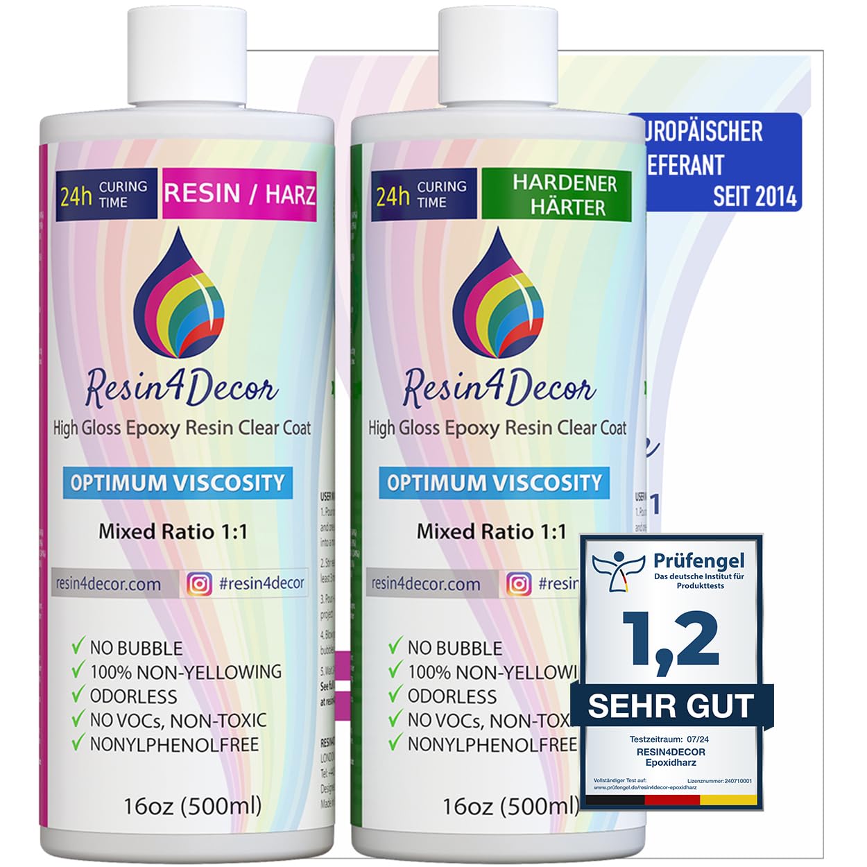 RESIN4DECOR 1000ml Epoxidharz Set [Kristallklarer 1:1 Gießharz-Klebstoff] – Für Kunsthandwerk, Schmuck & Formenbau (Geruchlos, Vergilbungsfrei, Ungiftig) – Resin Laminierharz mit 24h Aushärtungszeit