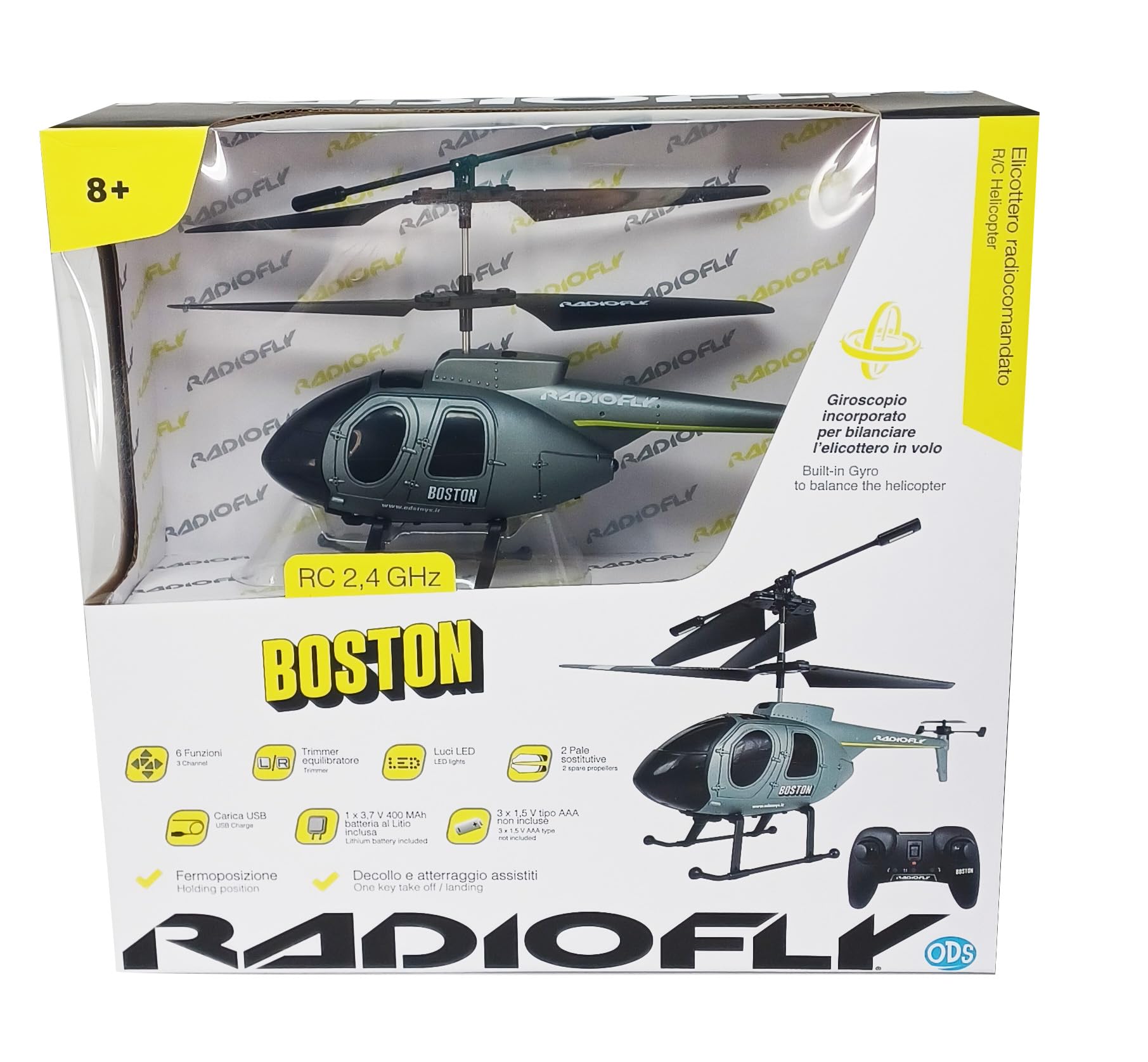 Elicottero Radiofly Boston RC 2.4GHz, 22 Cm, 6 Funzioni Con Decollo E Atterraggio Assistiti, 10 Minuti Di Volo