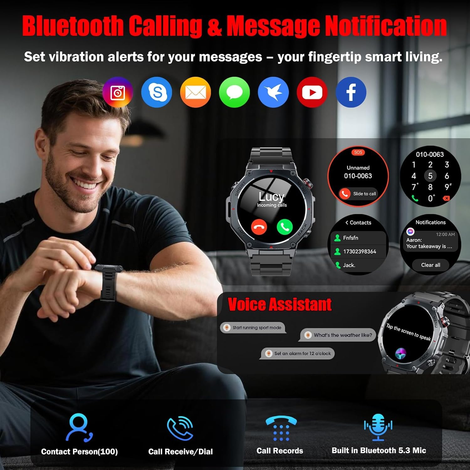 Montre Connectée Homme, 1.43"AMOLED Militaire Smartwatch Torche LED, Noir