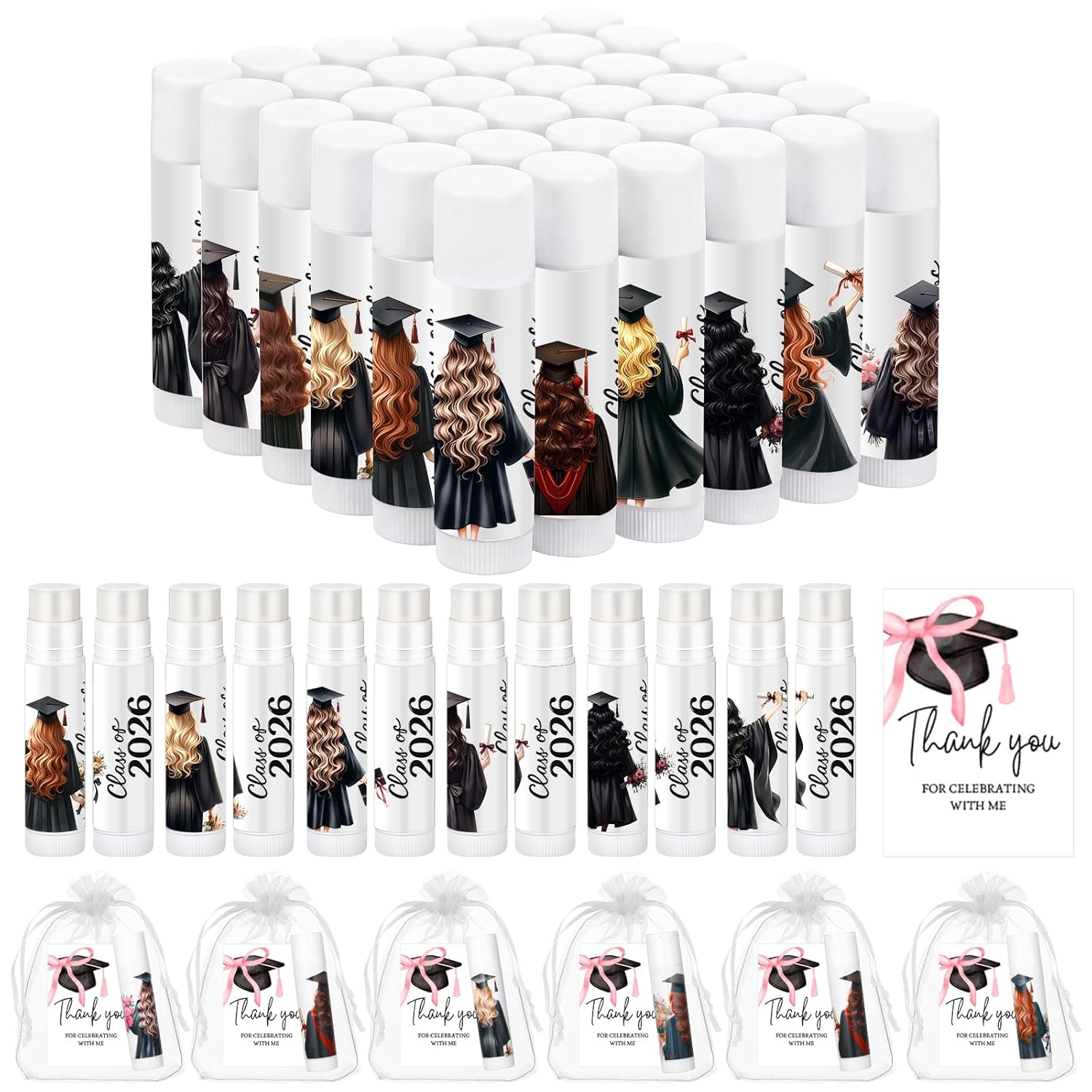 36 Set Graduation Party Favor Class of 2026 Lip Balm Thank You Card Organza Bag Bulk for Guest Her Teacher Classmates Family College High School Senior Grad Commencement Gift Keepsake Souvenir