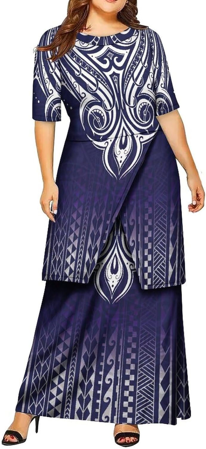 Pacific Island Design Art Print Samoan Party Puletasi Round-Neck Two-Piece Women's Short-Sleeved Dress Set