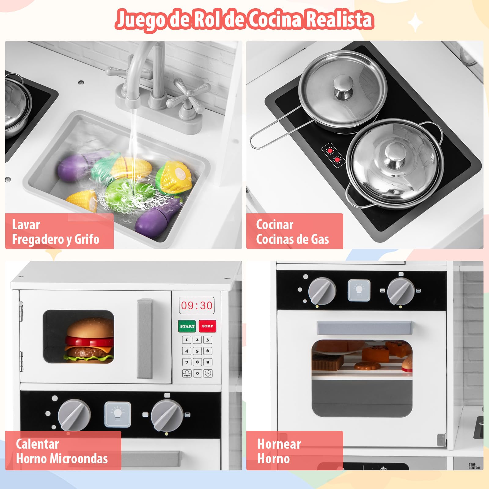 COSTWAY Cocina Madera Infantil, Cocinita Infantil con Luz y Sonido, Fregadero, Grifo, Dispensador de Agua, Microondas, Horno, Utensilios, Lavadora, Cocina Juguete para Niños de 3+Años