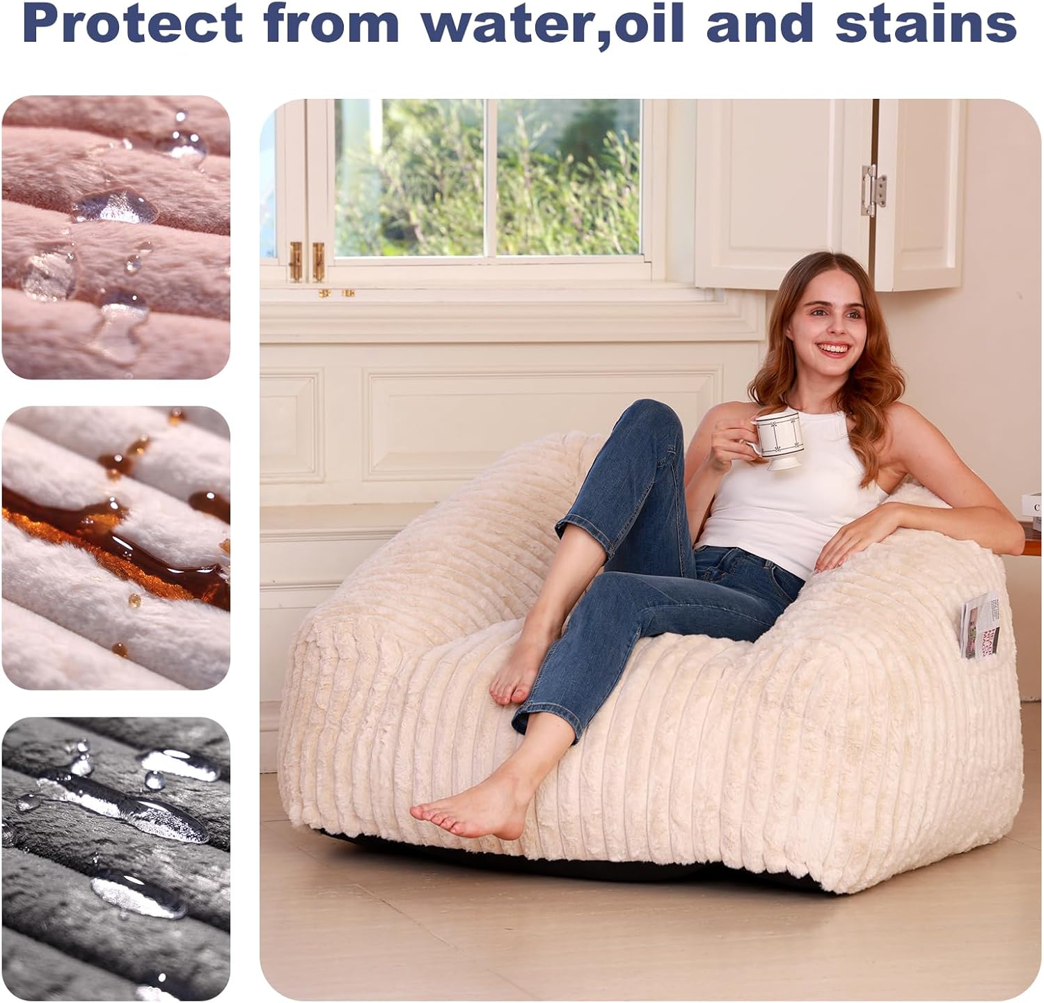 Bean Bag Chair with Memory Foam Filling- Large Stuffable Soft Giant Beanbag Reading Chair, Adults Lounge Gaming Lazy Sofa Bed for Living Room Bedroom- Beige, Stripe Fur - Image 3