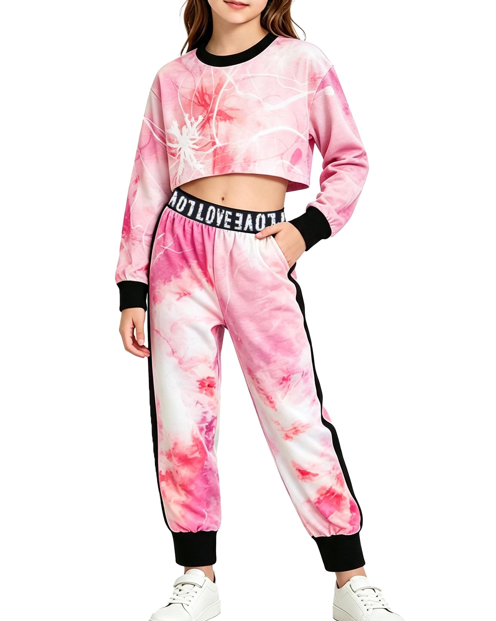 Betusline Girls Sweatsuit, Long Sleeve Crop Top Jogger Pants, 4T-14Y