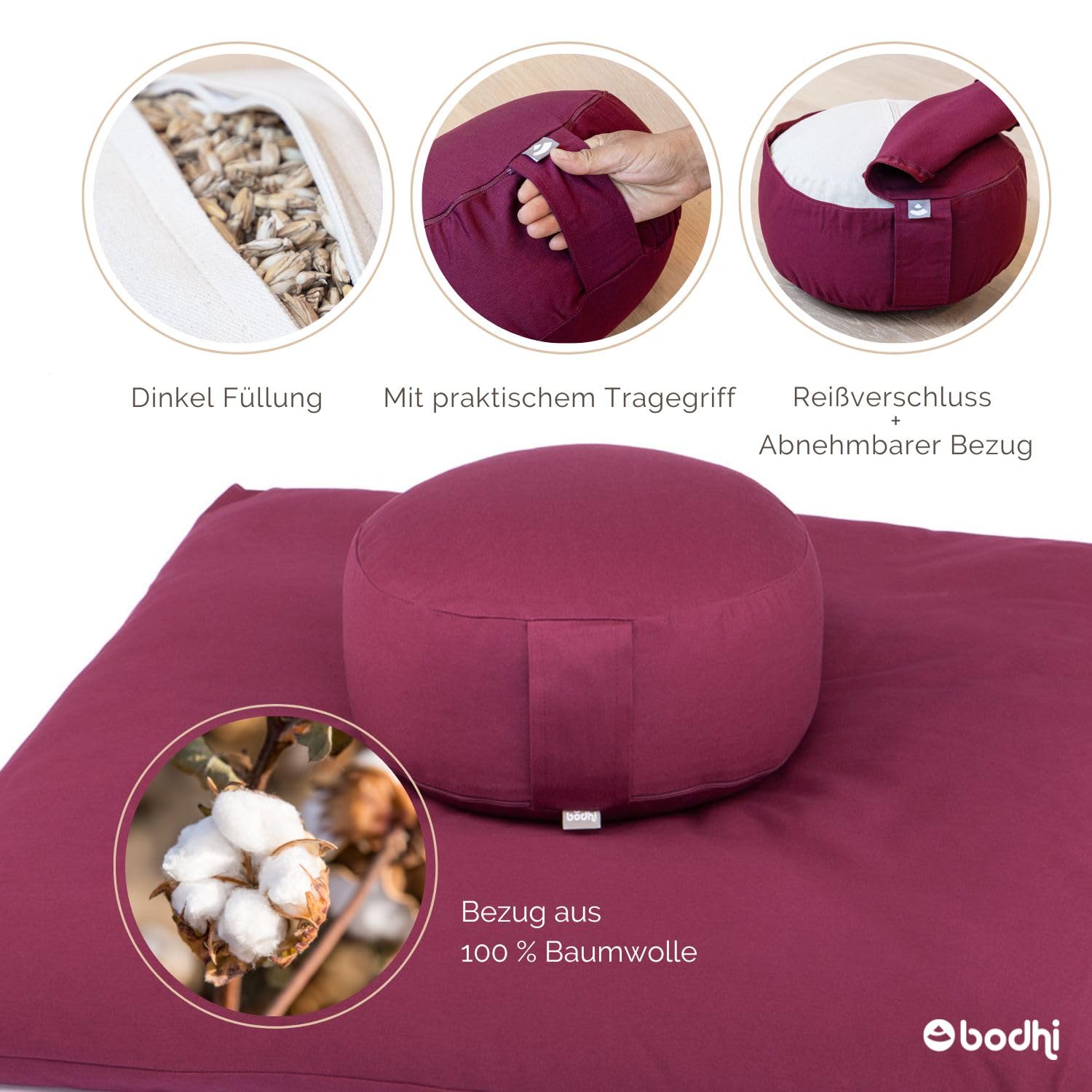 Bodhi Meditations-Set | ECO Serie | Meditationsmatte (Zabuton) & Rondo Meditationskissen | Mit Bio-Dinkelfüllung | Bezug aus 100% Bio-Baumwolle | Meditationsunterlage & Kissen (Light Taupe)
