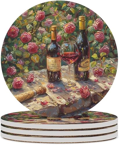 Miniatura 31 de Round-4 posavasos de cerámica para vino tinto, posavasos redondos absorbentes para bebidas, estilo vintage de madera, vino tinto, uvas, frutas y