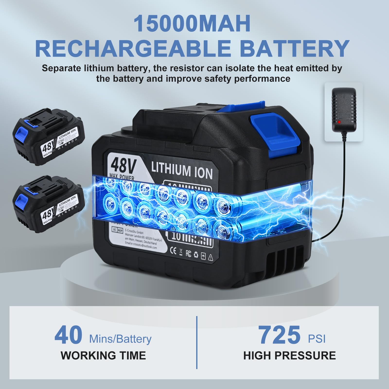 Limpiador de alta presión inalámbrico de 2 pilas 725PSI portátil, generador de espuma, manguera de 10 m, conexión de manguera, filtro, boquilla 6 en 1, lavado de chorro para coche, limpieza de