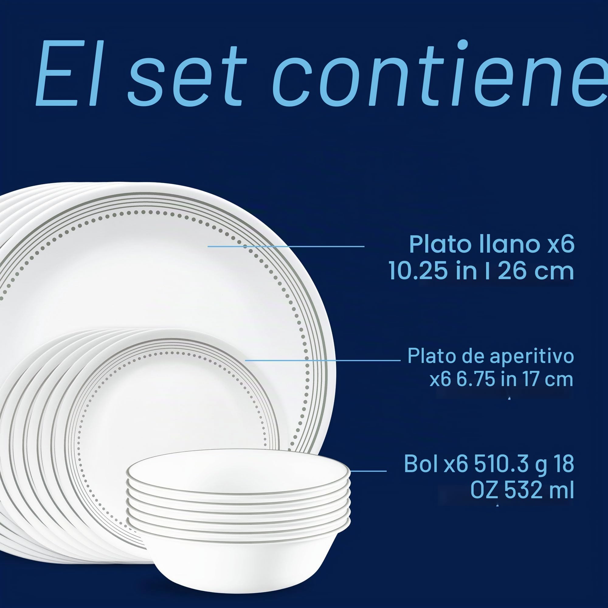 Corelle Vajilla de 18 piezas, gris místico, servicio para 6, vajilla resistente a las astillas, incluye platos llanos de 26 cm, platos de ensalada de 17 cm y cuencos de sopa y cereales de 530 ml