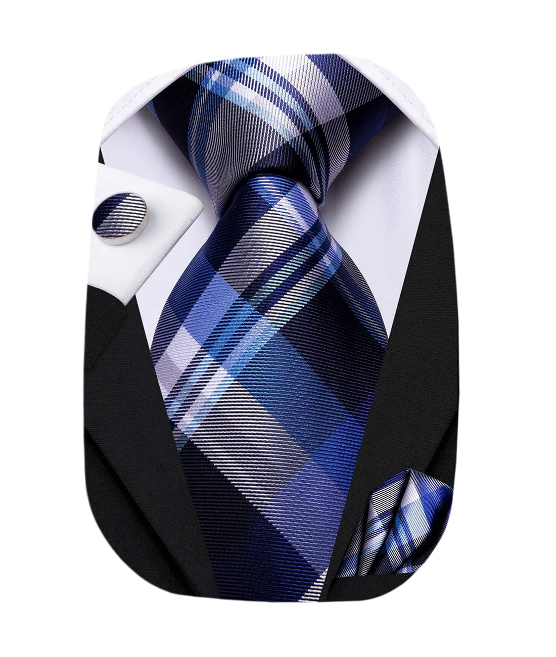Hi-TieMens Plaid Ties Classic Paisley Necktie with Handkerchief Cufflinks Set Business Stripe Tie