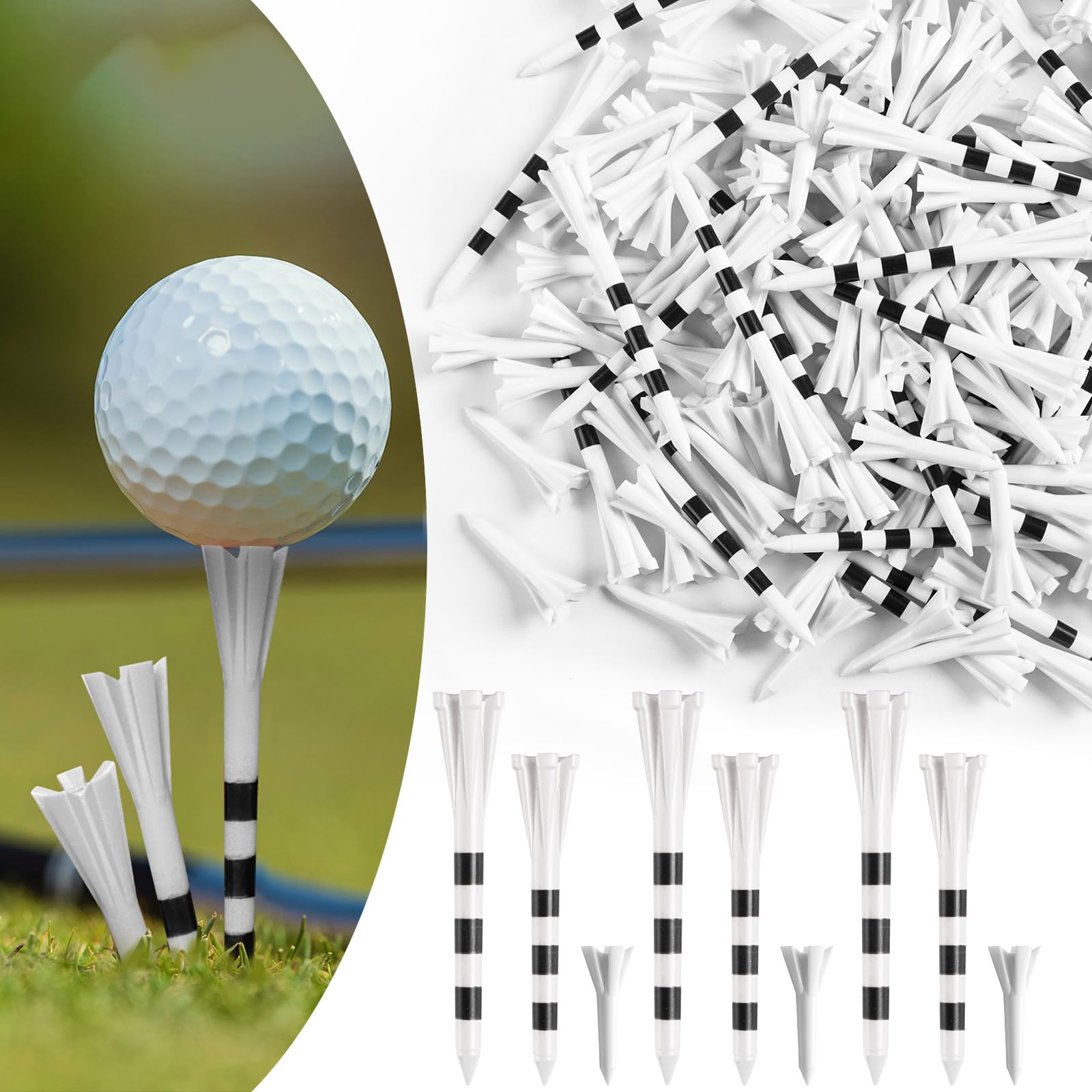 FINGER TEN Unbreakable Golf Tees Plastic 40 Pcs 3 1/4" With 40 Pcs 2 3/4" And 20 Pcs 1 1/2" Assorted Pack, Low Resistance & Consistent Height Long Short Tees With Bright Colors (White) — image 1