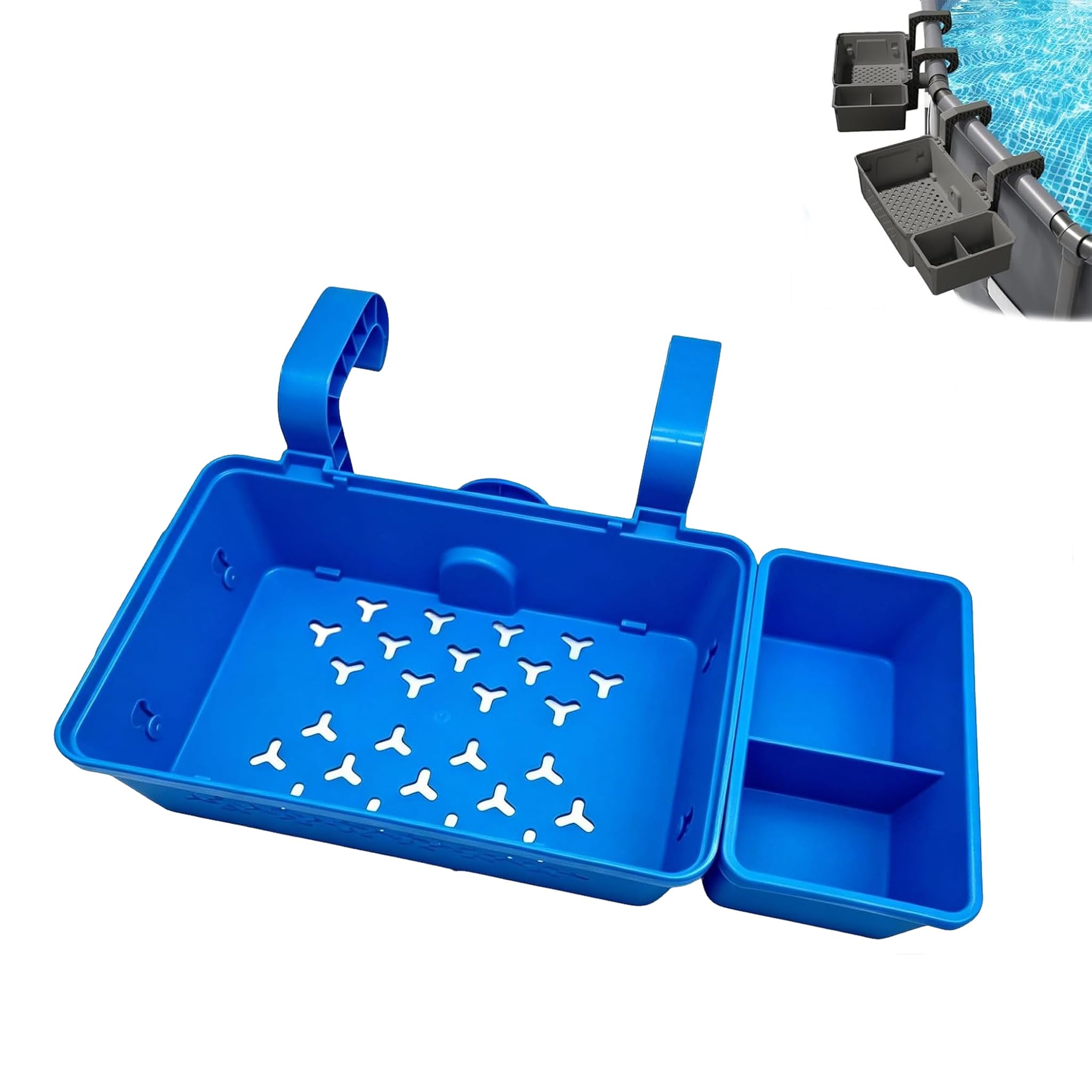 Poolside Storage Basket with Cup Holders & Hanging Hook, Large Capacity Pool Organiser Bin, Waterproof Mesh Hanging Caddy for Swimming Accessories, Above Ground Pool Towel Beverage Storage (Blue)