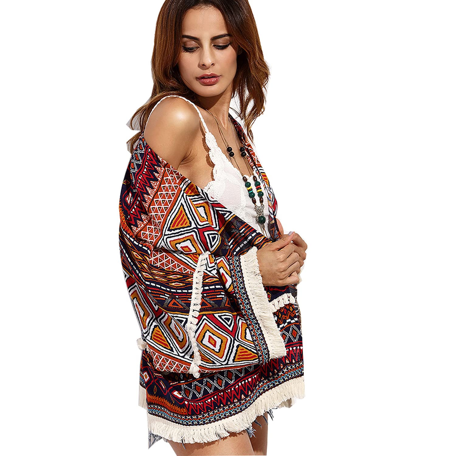 Erichman Kimono con flecos y borlas para mujer