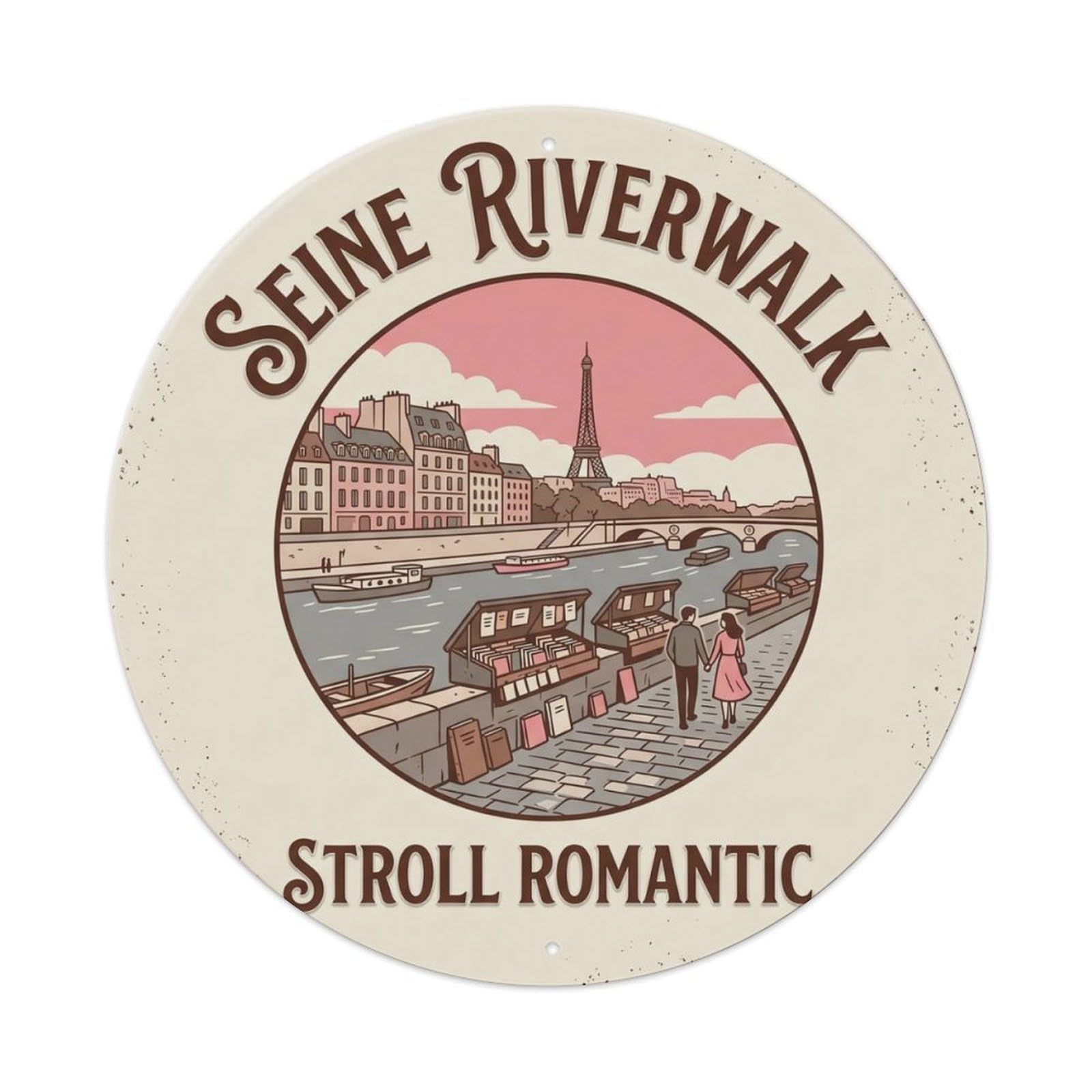 Riverwalk Stroll Romantic Seine Waterway Metal Tin Sign Plaque Wall Decor for Cafe, Club Bar, Office, Home Garden Round Metal Poster 8x8Inch