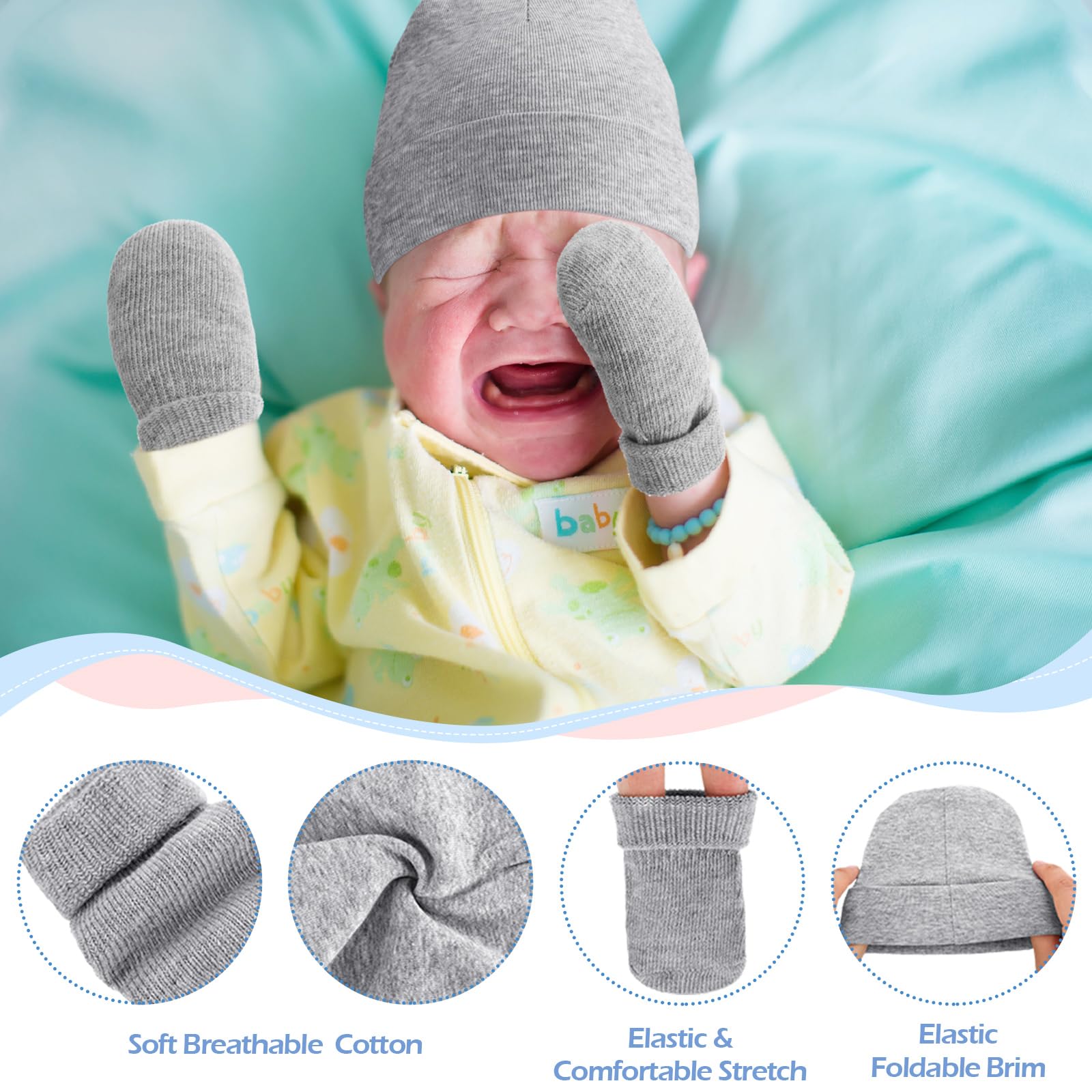 Hercicy Preemie Mütze und Fäustlinge, Baumwolle, keine Kratzer, Baby-Fäustlinge, Krankenhausmütze für Frühchen, Jungen, Mädchen, 4 Stück