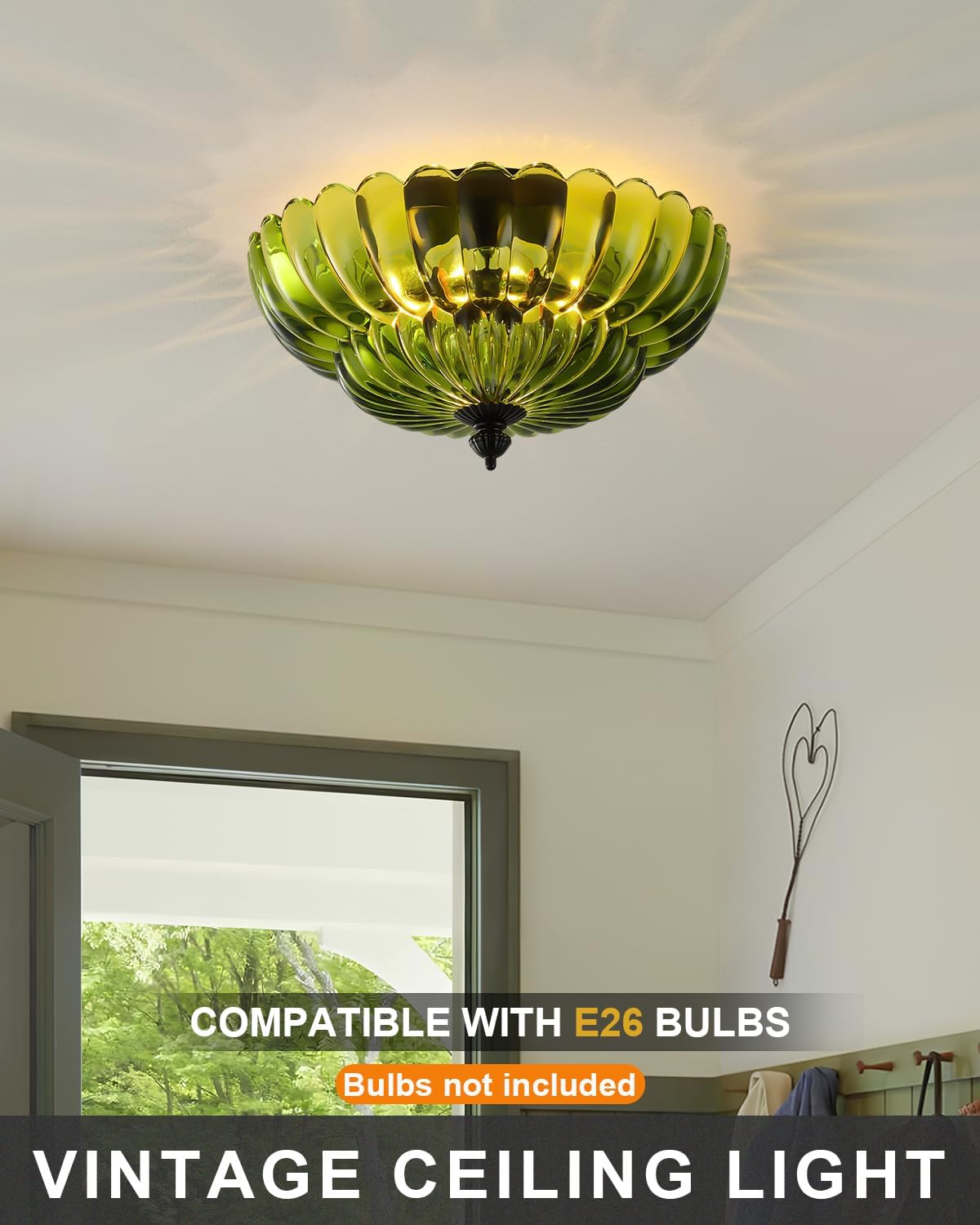 ANYLOVE Modern 12Inch Green Flower Glass Semi Flush Mount Ceiling Light, 3 Light for Living Room Bedroom Hallway Entryway Foyer