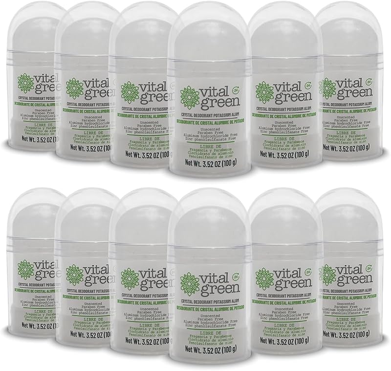 Desodorante em cristal de alúmen de potássio Vital Green sem fragrância, 100 g, pacote com 12