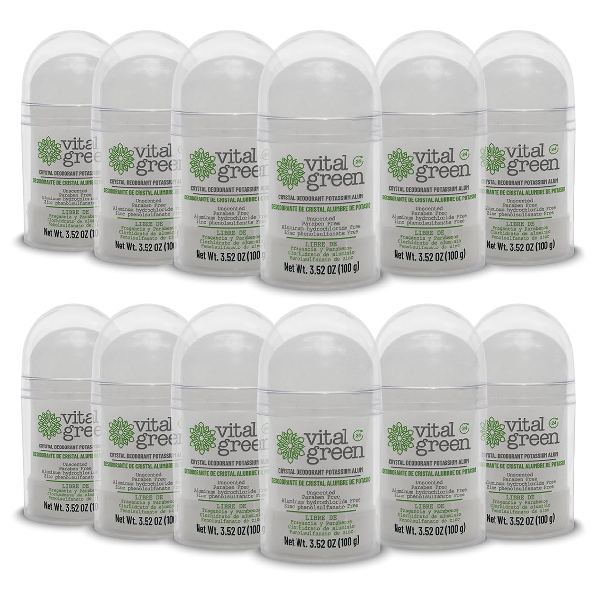 Vital Green Thai Crystal Potassium Alum Deodorant, Unscented, 100g, 12pk