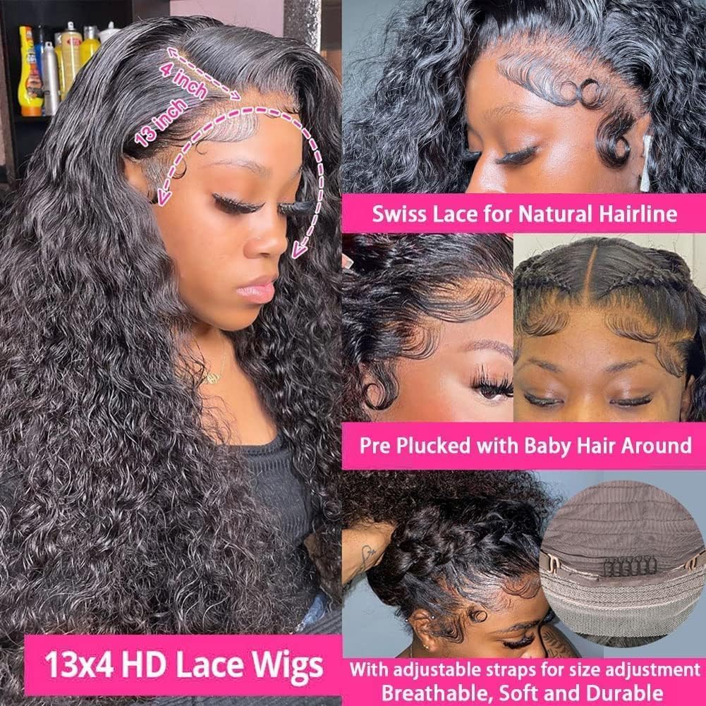 Oxeyegirl 16 Inch 200 Density 13x4 HD Lace Frontal Wig Water Wave Human Hair Wig for Black Women Glueless Curly Wig Human Hair Pre Plucked with Baby Hair Natural Hairline Brazilian Real Hair Wig(41cm) - Image 2