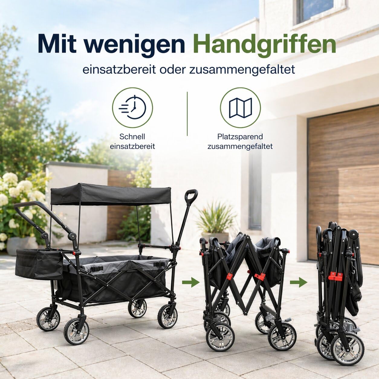 Bollerwagen faltbar mit Dach 105L 100kg Schiebegriff & Teleskop-Ziehstange 2 Feststellbremsen + Zentralbremse hinten 3-Punkt-Gurtsystem XXL-Hecktasche Bollerwagen mit Dach